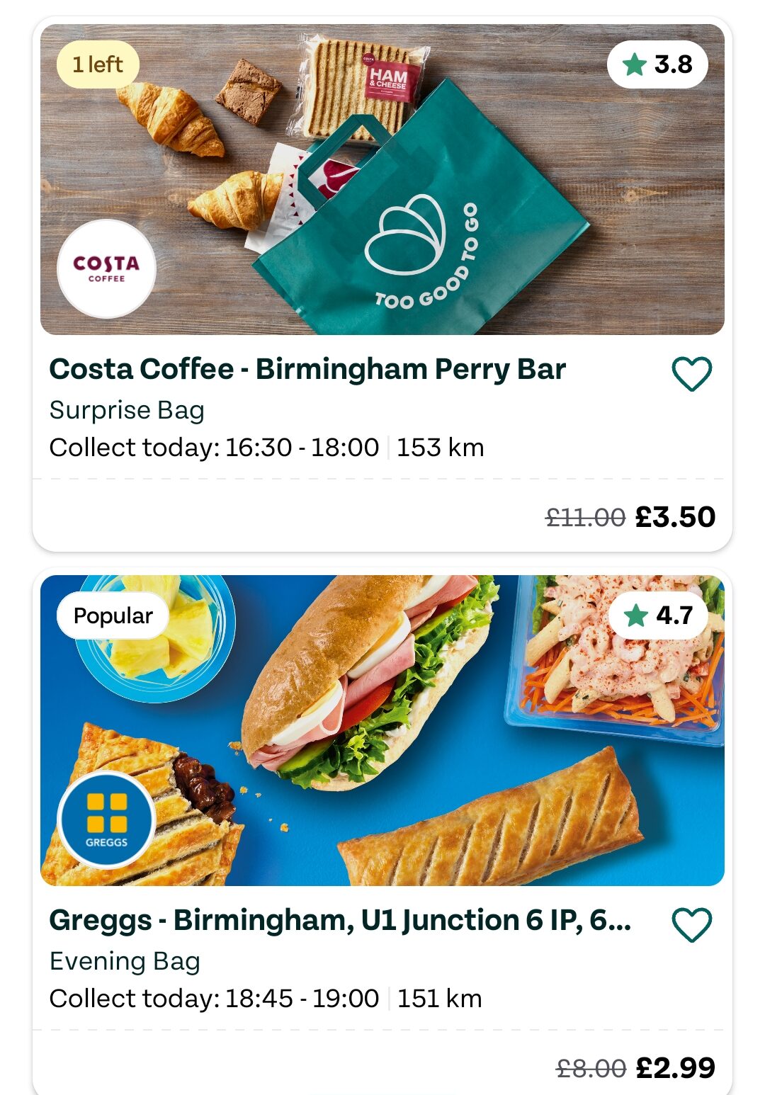 tgtg cafes sep26 Screenshot of a food app showing surprise bags from Costa Coffee and Greggs, with prices, collection times, and availability details listed for each option.