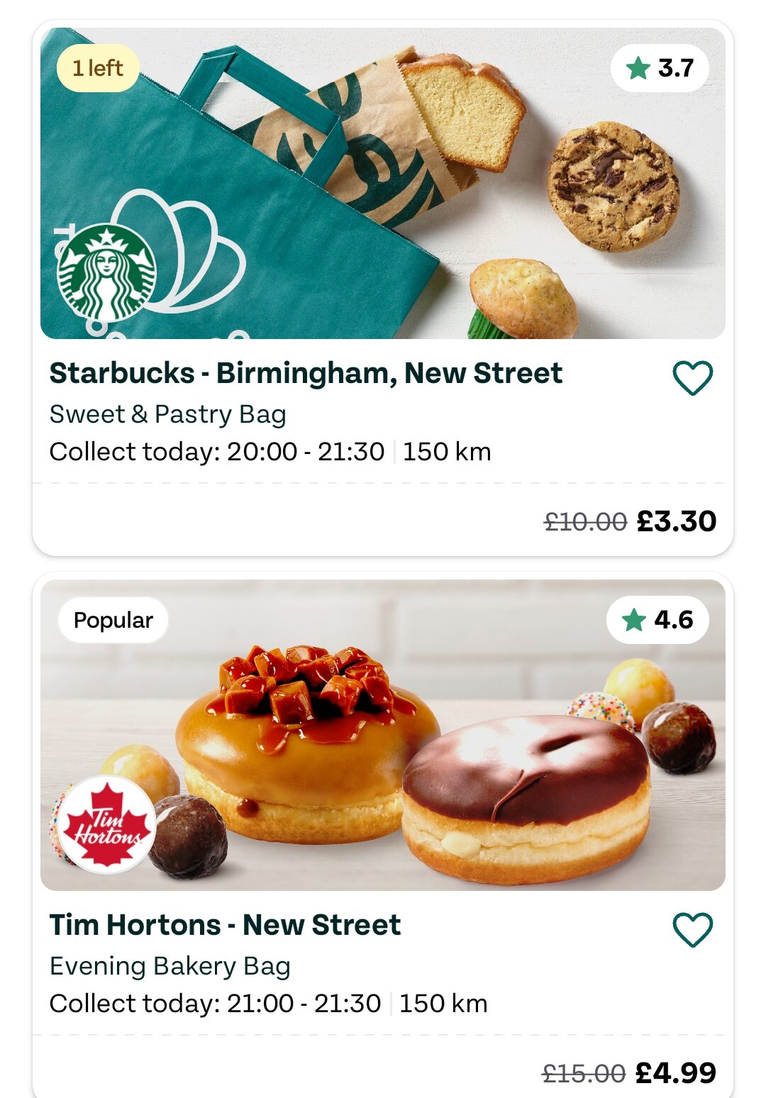 tgtg cafes2 sep26 Screenshot of a food app showing bakery bag offers from Starbucks and Tim Hortons, with collection times, prices, ratings, and location details displayed.