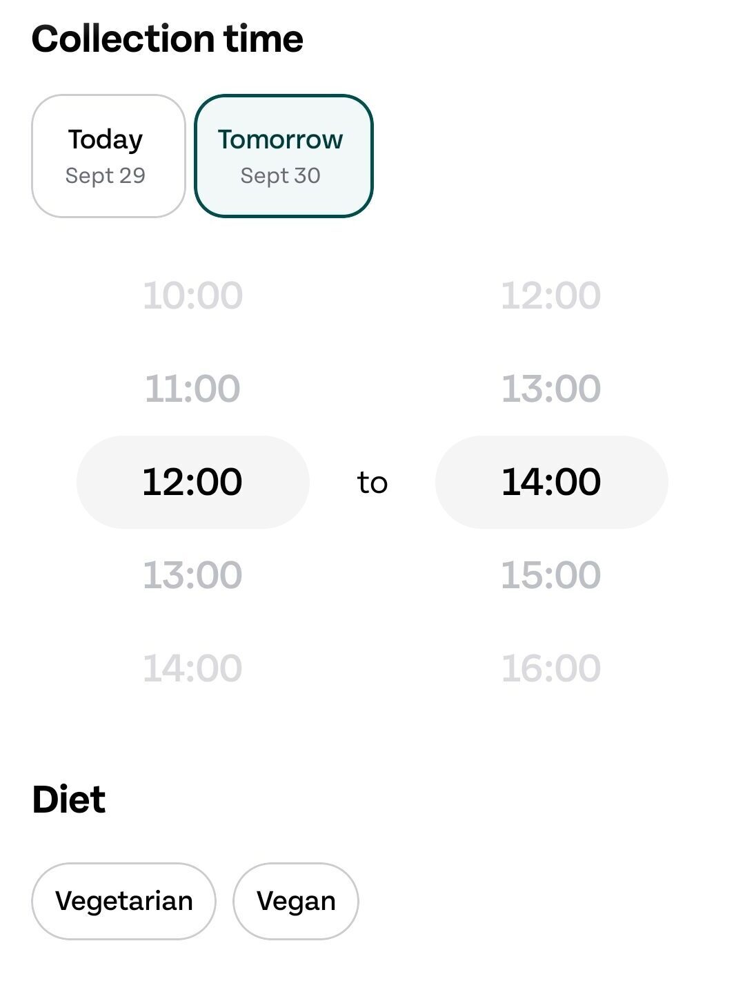 tgtg filters sep26 A mobile app filter screen showing collection time options, diet choices of vegetarian or vegan, sort by relevance, and buttons for reset and apply at the bottom.