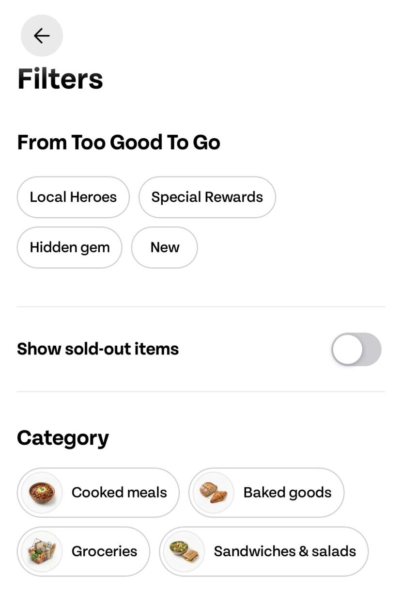 tgtg filters2 sep26 Screenshot of a food app filter page with options for category, collection time, diet type, and toggle for showing sold-out items. “Apply” and “Reset” buttons are at the bottom.