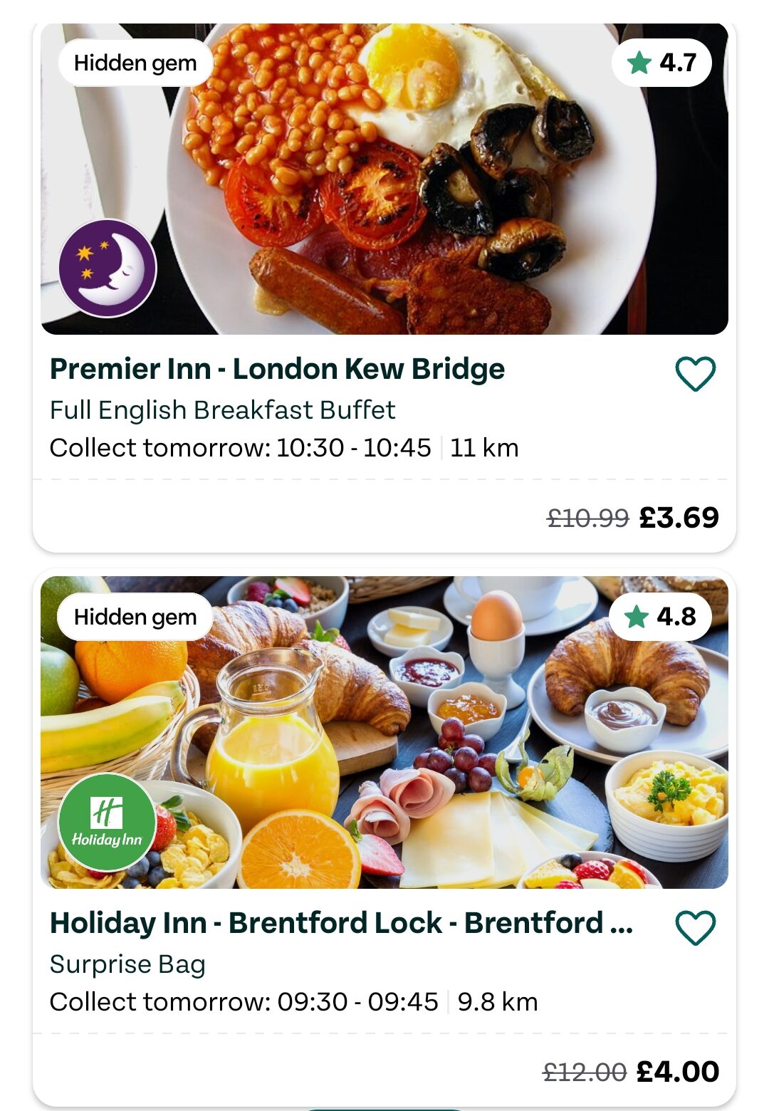 tgtg hotels sep26 Mobile app screen showing two breakfast buffet offers from Premier Inn and Holiday Inn, each with images of plated food, ratings, prices, distances, and collection times.