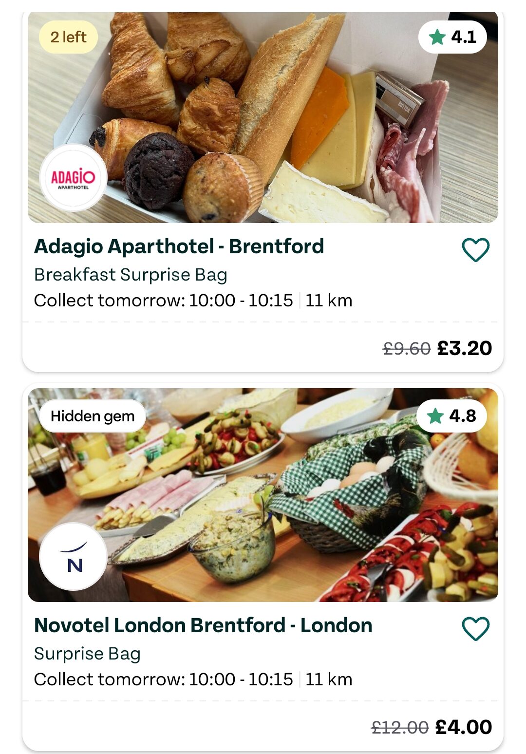 tgtg hotels2 sep26 App screen showing two “Surprise Bag” food offers: one from Adagio Aparthotel (£3.20) and one from Novotel London Brentford (£4.00), both with collection times and ratings.