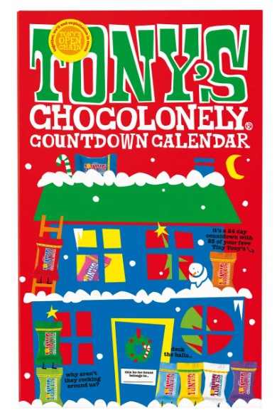 tony's chocolonely countdown calendar 2026 Tony’s Chocolonely Countdown Calendar box features a snowy house illustration with chocolate bars visible in numbered windows, festive text, and colourful holiday decorations on a red background.