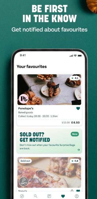 too good to go favourites sep26 A smartphone screen displays a food app showing favourite bakeries and an option to get notified when items are back in stock.
