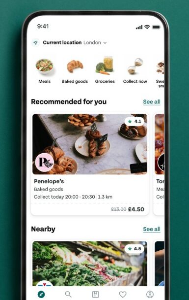 too good to go homepage sep26 A smartphone displays a food delivery app showing recommended bakeries, prices, and a map, with the text, “Great food too good to waste. Discover local favourites.”.