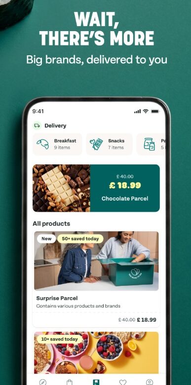 too good to go parcels sep26 A smartphone screen shows a delivery app with options for breakfast, snacks, and parcels, displaying product images, prices, and a promotion for a chocolate parcel.