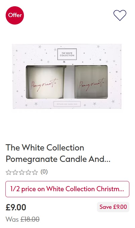white collection half price boots Boxed set of two white pomegranate-scented candles from The White Collection, displayed on a white background with a sale price of £9.00.