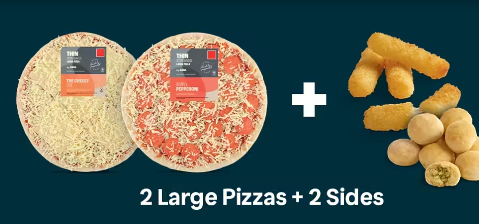 asda large pizza meal deal Two Asda thin stone-baked pizzas, one cheese and one pepperoni, next to mozzarella sticks and dough balls with the text “2 Large Pizzas + 2 Sides”.