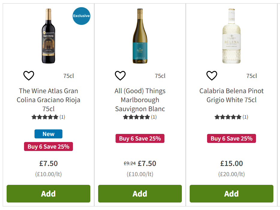 Three bottles of wine in a shop listing: The Wine Atlas Gran Colina Rioja, All (Good) Things Marlborough Sauvignon Blanc, and Calabria Belena Pinot Grigio.