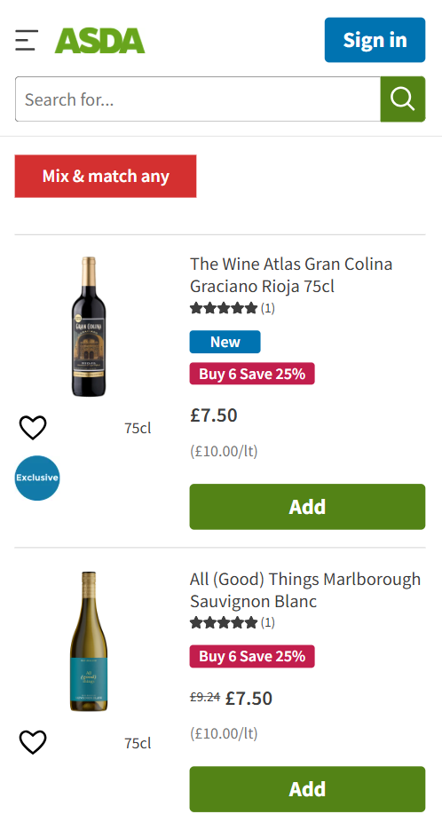 Asda product page showing two wine bottles, The Wine Atlas Gran Colina Rioja and All (Good) Things Marlborough Sauvignon Blanc, each priced at £7.50 with “Buy 6 Save 25%” offers.