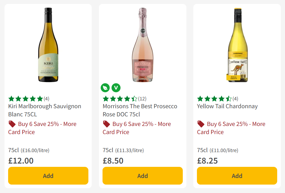 Three wine bottles for sale: Kiri Marlborough Sauvignon Blanc, Morrisons The Best Prosecco Rosé, and Yellow Tail Chardonnay, each with pricing, ratings, and a discount offer.