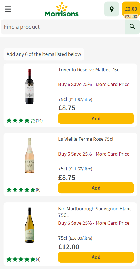 Morrisons website product page showing three wine options, each with a “Buy 6 Save 25%” More Card offer, pricing, and an “Add” button.
