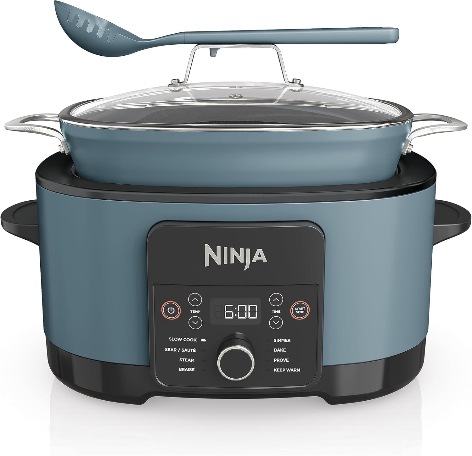 Blue Ninja multicooker with a glass lid, a serving spoon, and a digital control panel with multiple cooking functions.