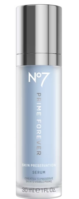 no7 prime forever 2 No7 Prime Forever Skin Preservation Serum in a frosted glass bottle with a silver lid.