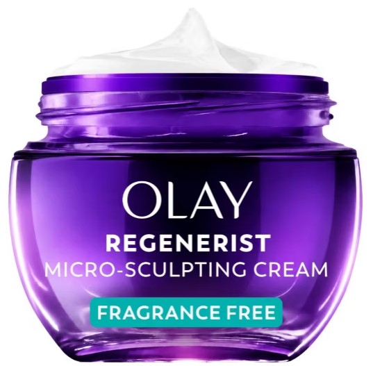 olay regenerist night face cream An open purple jar of Olay Regenerist Micro-Sculpting Cream with a peak of white cream visible at the top.